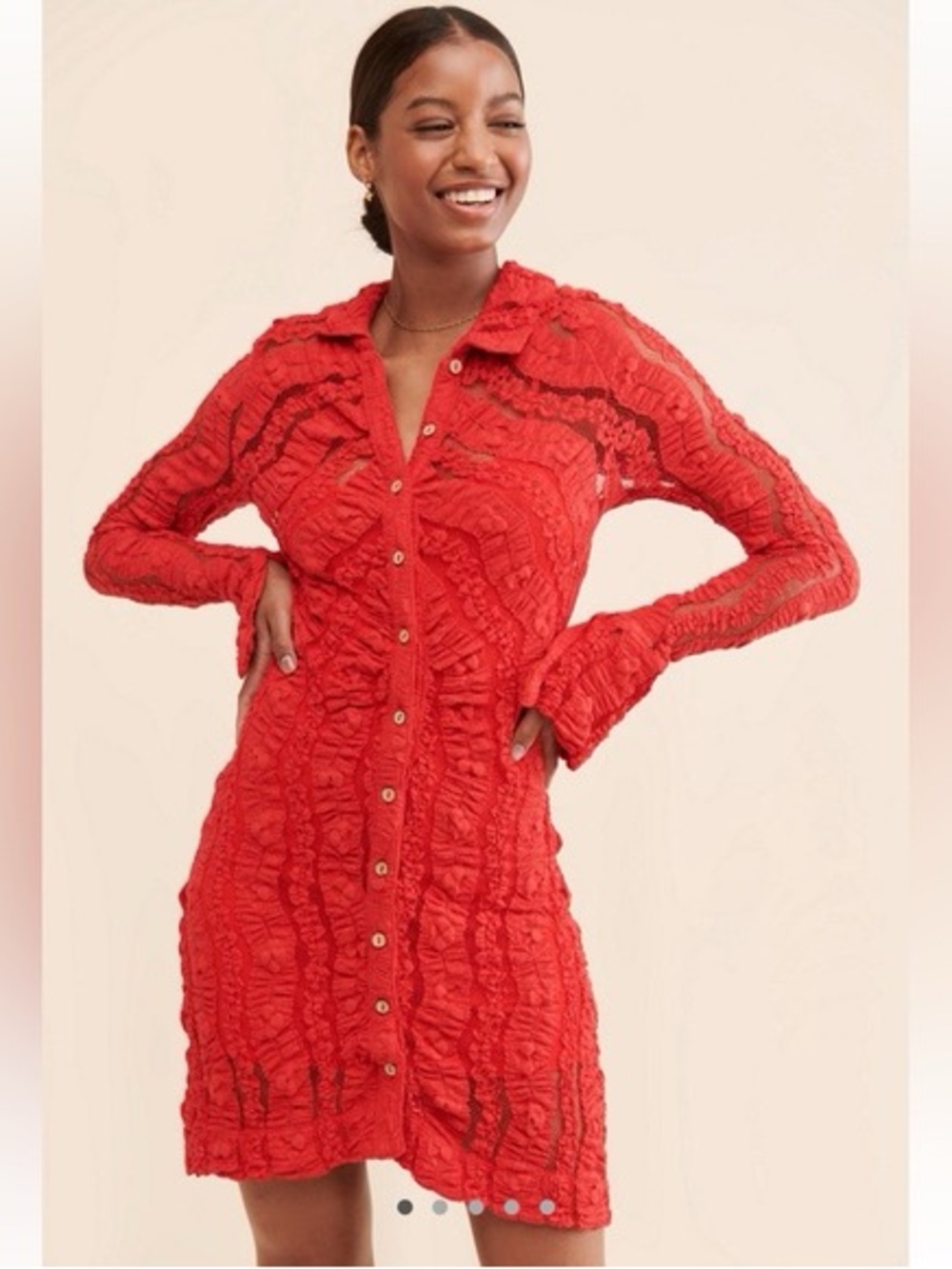 Free People Red Ruffle Button-Front Long Sleeve Dress
